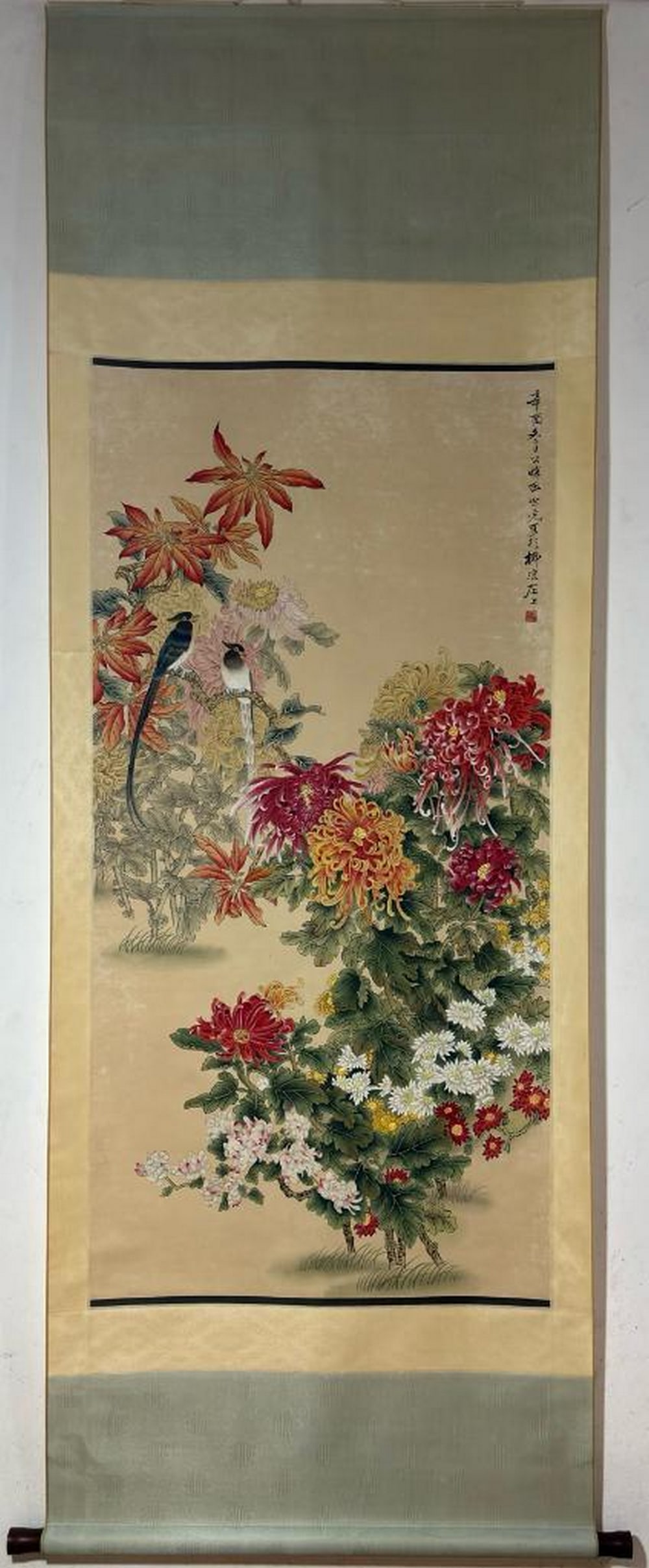 Inspired Chinese Brush Handpainting on Paper Scroll Bearing the Mark of Tian Shiguang: Inspired Chinese Brush Handpainting on Paper Scroll Bearing the Mark of Tian Shiguang This vivid Chinese brush painting features blooming chrysanthemums in rich hues of red, yellow, and orange, accomp