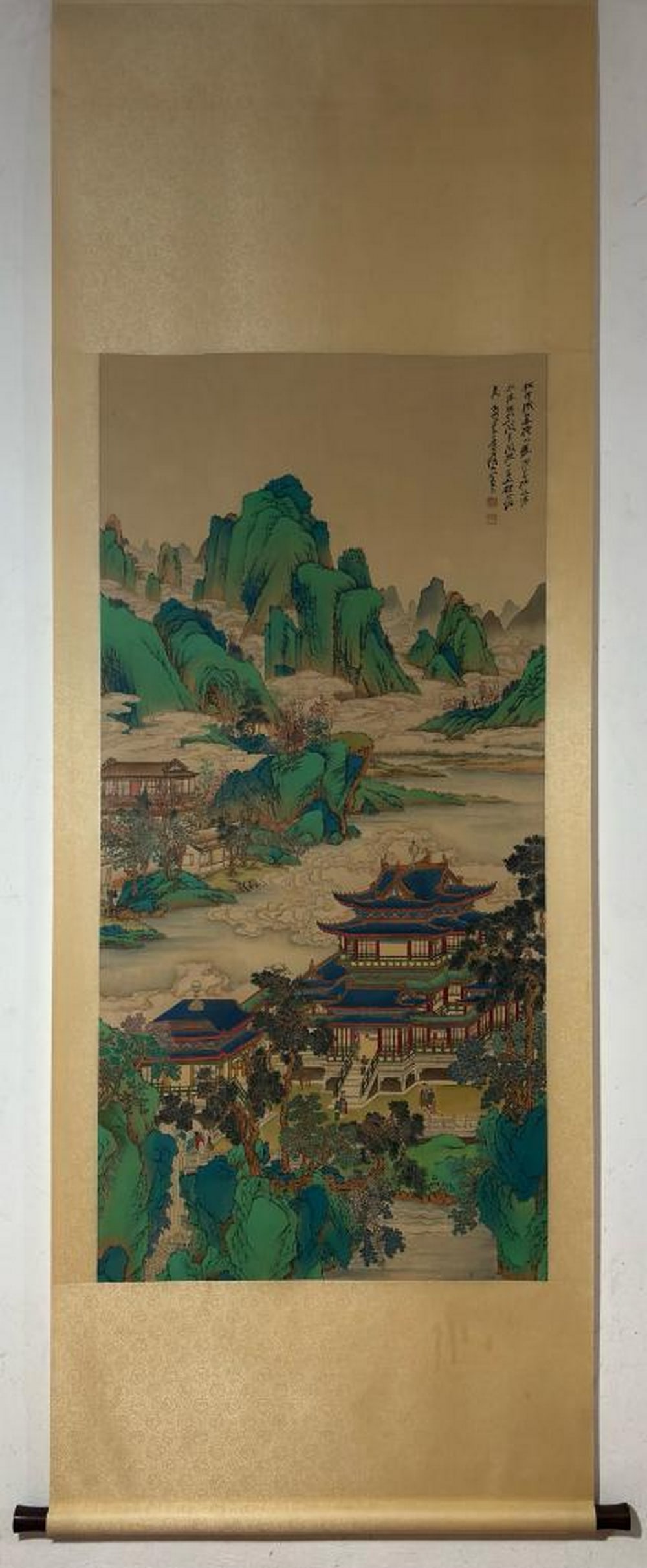 Inspired Chinese Brush Handpainting Silk Scroll with Mark of Zhang Daqian: Inspired Chinese Brush Handpainting Silk Scroll with Mark of Zhang Daqian An inspired Chinese brush handpainting on silk scroll, marked by Zhang Daqian. It features mountains and buildings in a blue-a