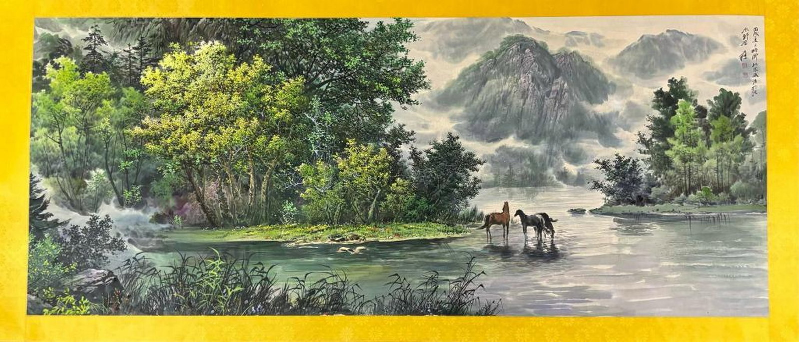 Inspired Chinese Brush Handpainting with Mark of Zhang Daqian: Inspired Chinese Brush Handpainting with Mark of Zhang Daqian An inspired Chinese brush handpainting on paper, marked by Zhang Daqian. A tranquil Chinese-style landscape painting is depicted, showing 