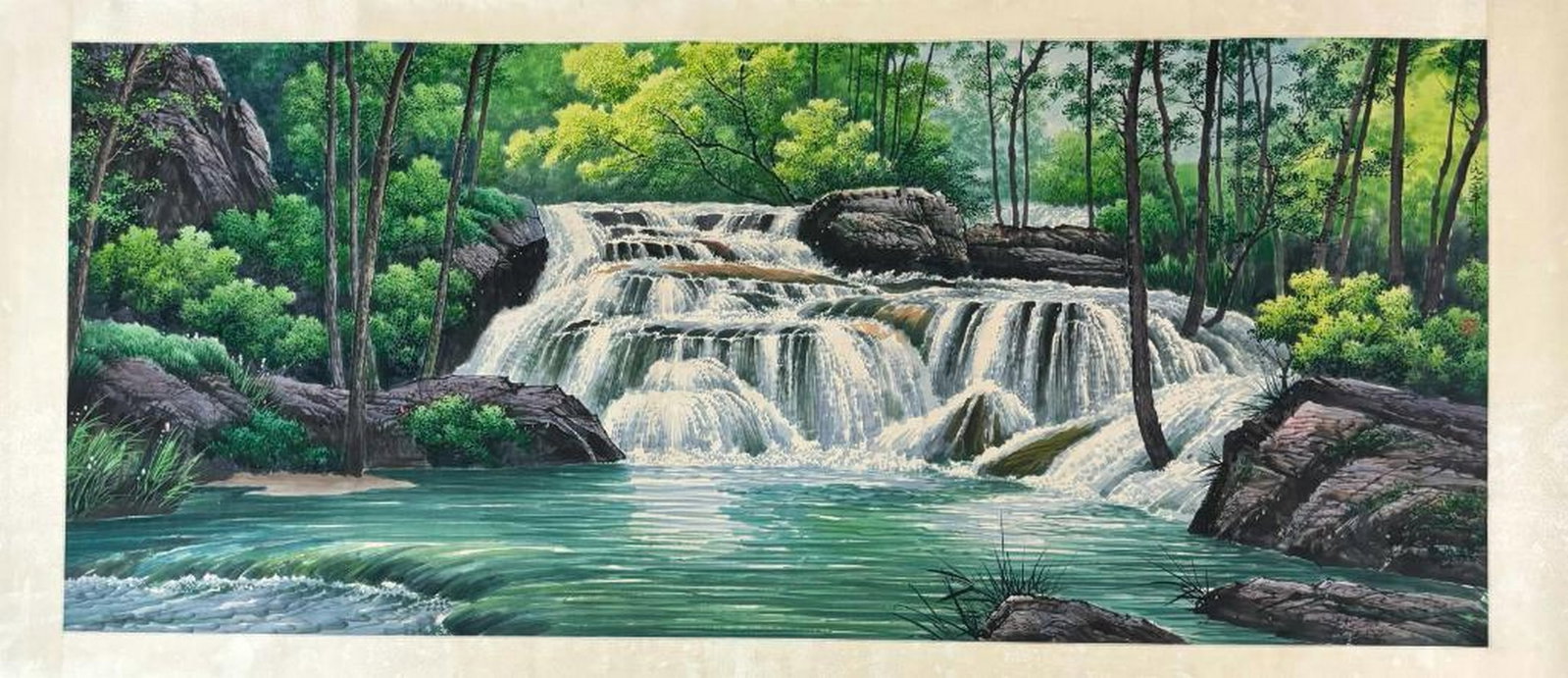 Inspired Chinese Brush Handpainting with Mark of Guan Shanyue: Inspired Chinese Brush Handpainting with Mark of Guan Shanyue An inspired Chinese brush handpainting on paper, marked by Guan Shanyue. This painting depicts a multi-tiered waterfall flowing through a 