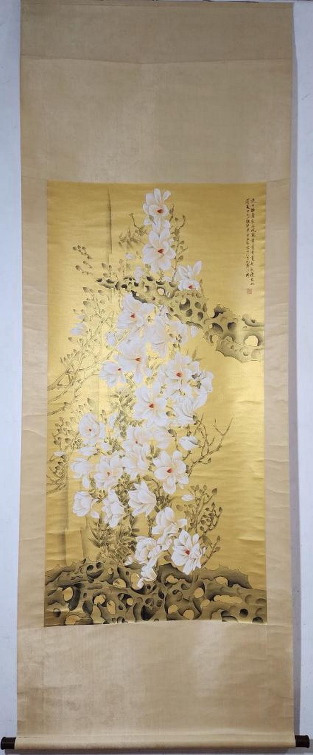 Inspired Chinese Brush Handpainting on Paper Scroll Bearing the Mark of Yu Feiyin: Inspired Chinese Brush Handpainting on Paper Scroll Bearing the Mark of Yu Feiyin An inspired Chinese brush handpainting on paper scroll, bearing the mark of Yu Feiyin. This elegant floral composition