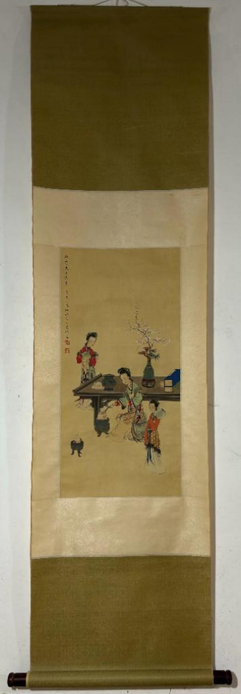 Inspired Chinese Brush Handpainting on Silk Scroll Bearing the Mark of Lu Xiaoman: Inspired Chinese Brush Handpainting on Silk Scroll Bearing the Mark of Lu Xiaoman An inspired Chinese brush handpainting on silk scroll, bearing the mark of Lu Xiaoman. An exquisite hanging scroll ins