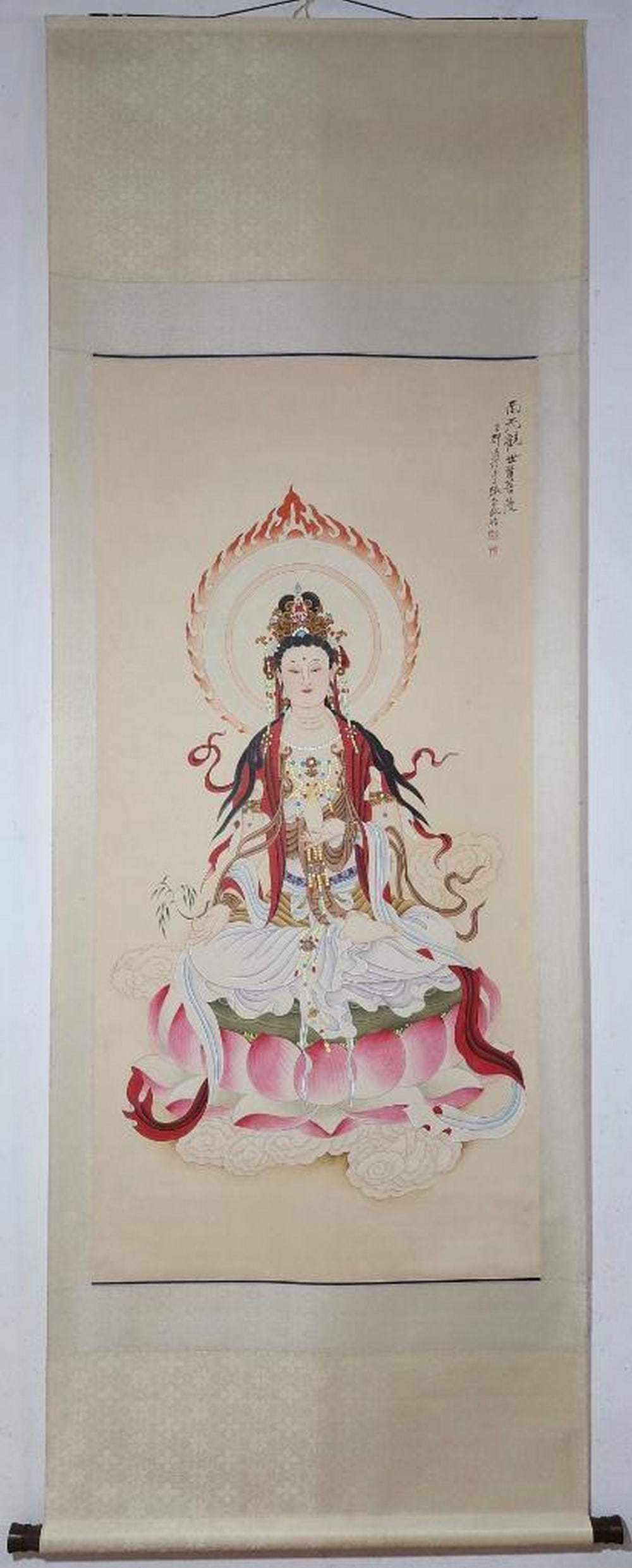 Inspired Chinese Brush Handpainting Scroll with Mark of Zhang Daqian: Inspired Chinese Brush Handpainting Scroll with Mark of Zhang Daqian An inspired Chinese brush handpainting on paper scroll, marked by Zhang Daqian. This hanging scroll painting depicts Guanyin (or Ku
