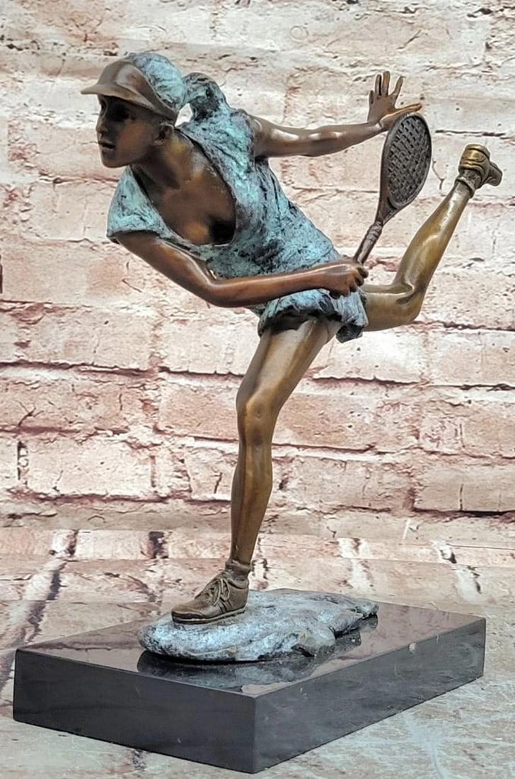 Tennis Player Bronze Sculpture by Milo - 10" x 10": Tennis Player Bronze Sculpture by Milo - 10" x 10" This signed original Milo bronze sculpture captures the energy and athletic grace of a female tennis player mid-swing, emphasizing movement, 