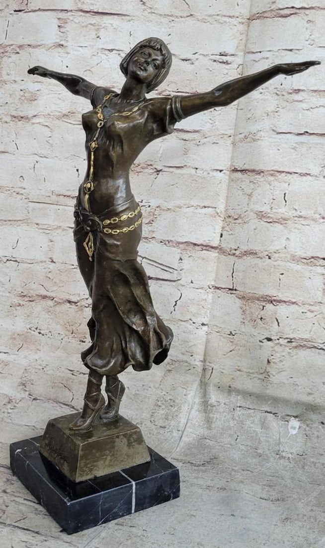Original "Happy Free" Dancer Girl Bronze Figurative Sculpture On Marble Base - 9lbs: A great dancer is so into her craft that she often looks lost in a trance as she moves. Lost in the movement of her graceful body. This nude dancer is just that. Balancing only on her toe with the oth