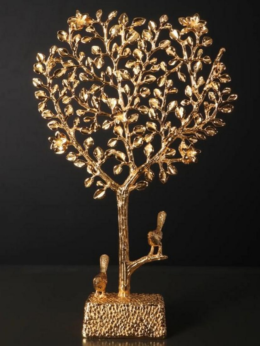 16" Perched Birds Tree of Life Sculpture: 16" Perched Birds Tree of Life Sculpture Gracefully sculpted in brass with superfine 24 karat gold plating, this Tree of Life sculpture features delicate birds perched among its branches, symboliz