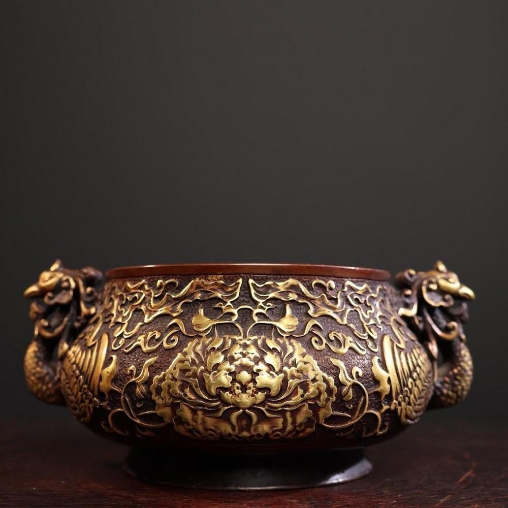 Chinese Antique Handcrafted Pure Copper Phoenix-Head Incense Burner with Floral Patterns (1 of 5)