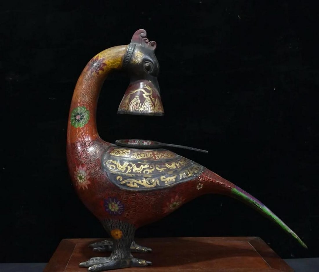 Chinese Antique Handmade Pure Copper Cloisonne Phoenix Lamp Holder (1 of 5)