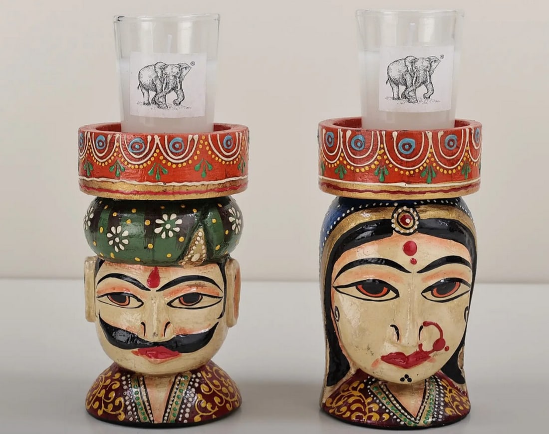 4'' Decorative Wooden Rajasthani Men and Women Face Candle Stand (1 of 3)