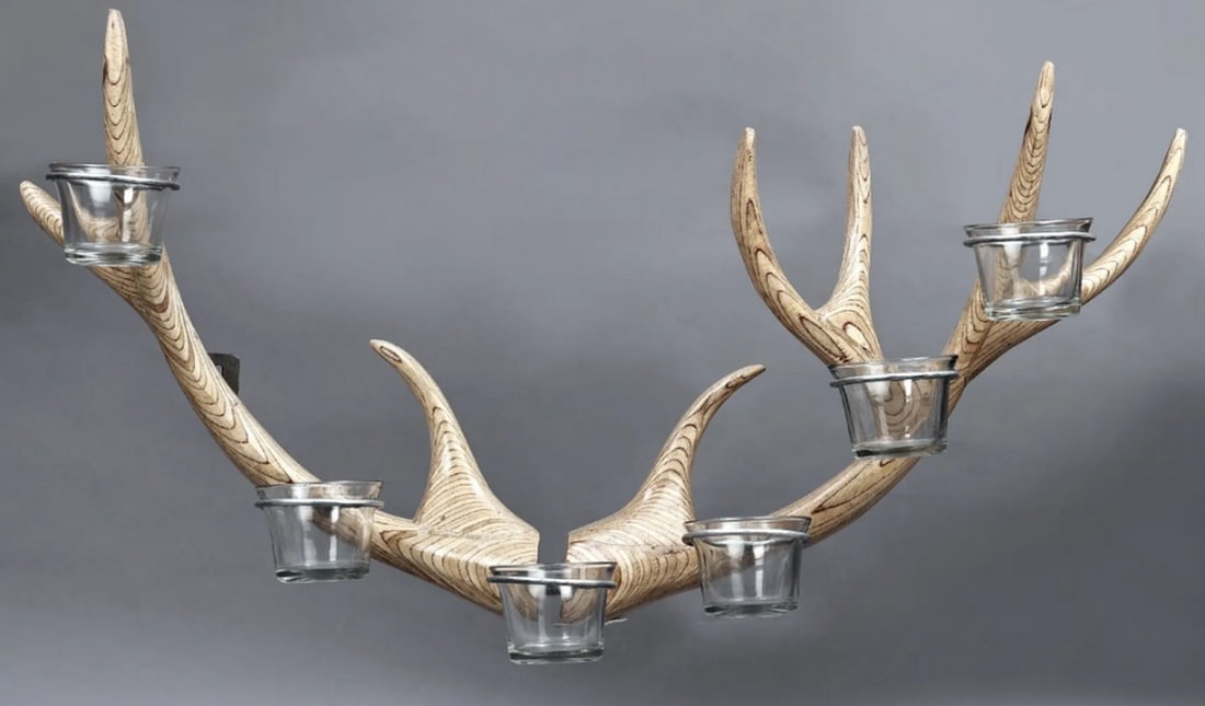23'' Antelope Horn Design Wall Hanging Candle Stand - Handmade: 23" Antelope Horn Design Wall Hanging Candle Stand - Handmade Wall-mounted candle stand designed in the shape of antelope horns, handcrafted from wood with glass components. The piece includes a c