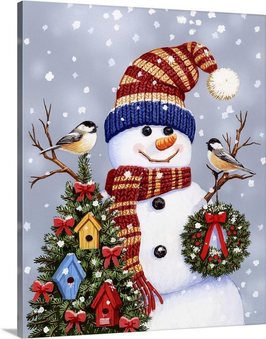 Winter Wonderland Snowman Adorned with Wreath Wall Art Canvas - 20'' x 16'': Winter Wonderland Snowman Adorned with Wreath Wall Art Canvas - 20" x 16" Introducing our enchanting "Winter Wonderland Snowman Adorned with Wreath Wall Art Canvas" - a delightful addi