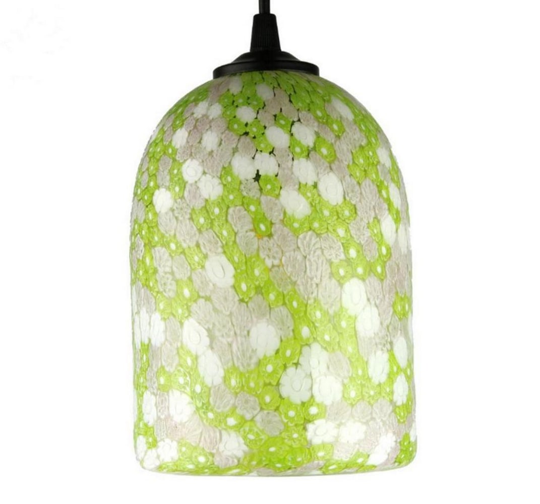 Green Millefiori Murano Glass Pendant Lamp: Green Millefiori Murano Glass Pendant Lamp Handcrafted and blown using the Millefiori Murrine technique, this suspension hanging lamp showcases the iconic style of Murano glassblowing. Experience the 