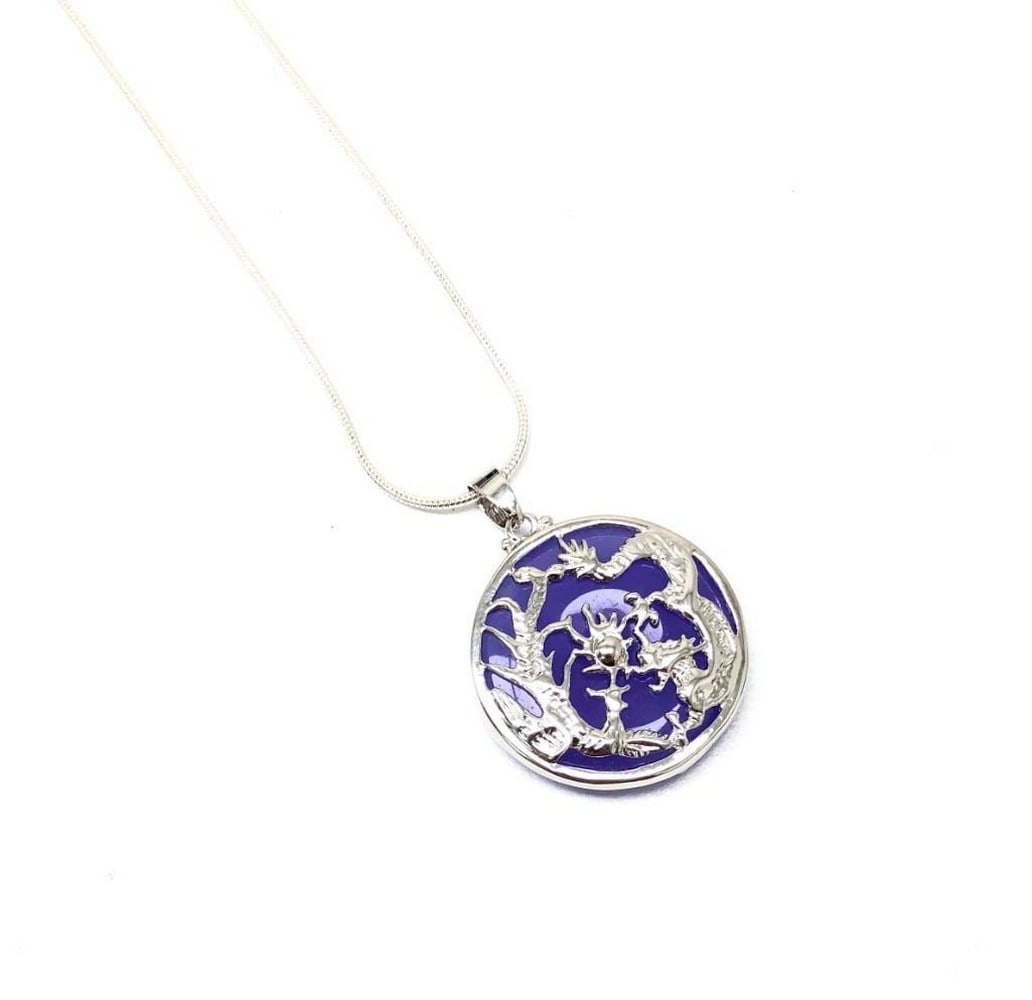 Purple Jade In 18K GP Dragon & Phoenix Round Pendant: Purple Jade In 18K GP Dragon & Phoenix Round Pendant On 925 Stirling Silver Chain. View Photos For More Details.