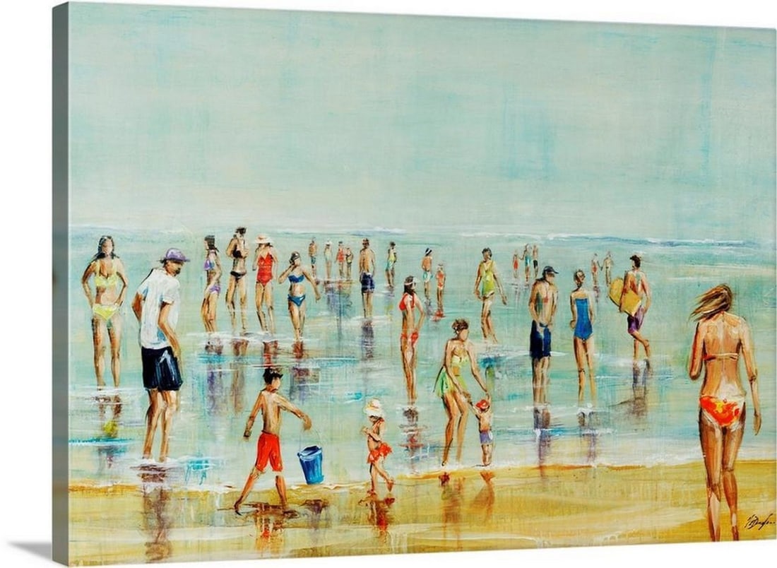 Tides Out - Canvas Reproduction by Farrell Douglass: Tides Out - Canvas Reproduction by Farrell Douglass Capture the joy of a perfect beach day with Tides Out, a lively canvas reproduction by Farrell Douglass. This painting depicts a bustling shoreline