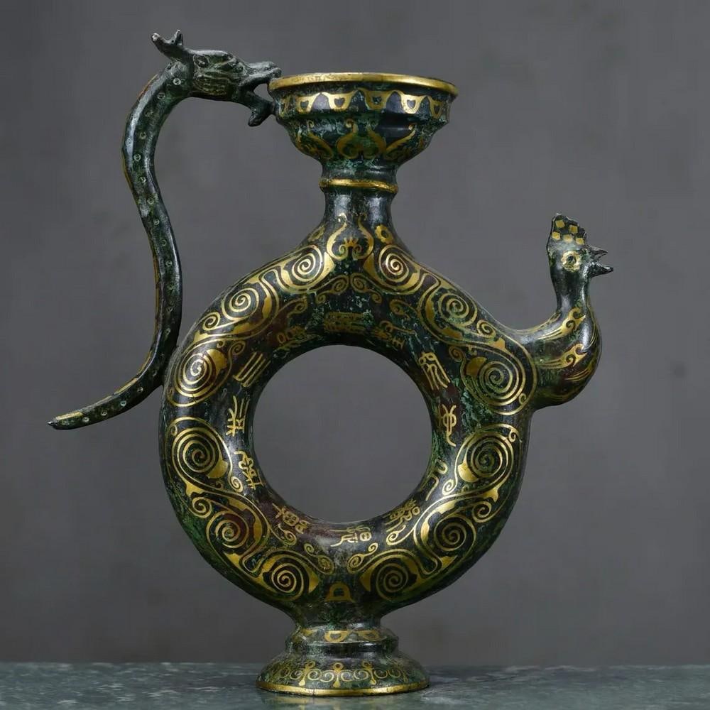 Chinese Bronze Inlaid Gold Dragon Handle Chicken Head Pot (1 of 8)