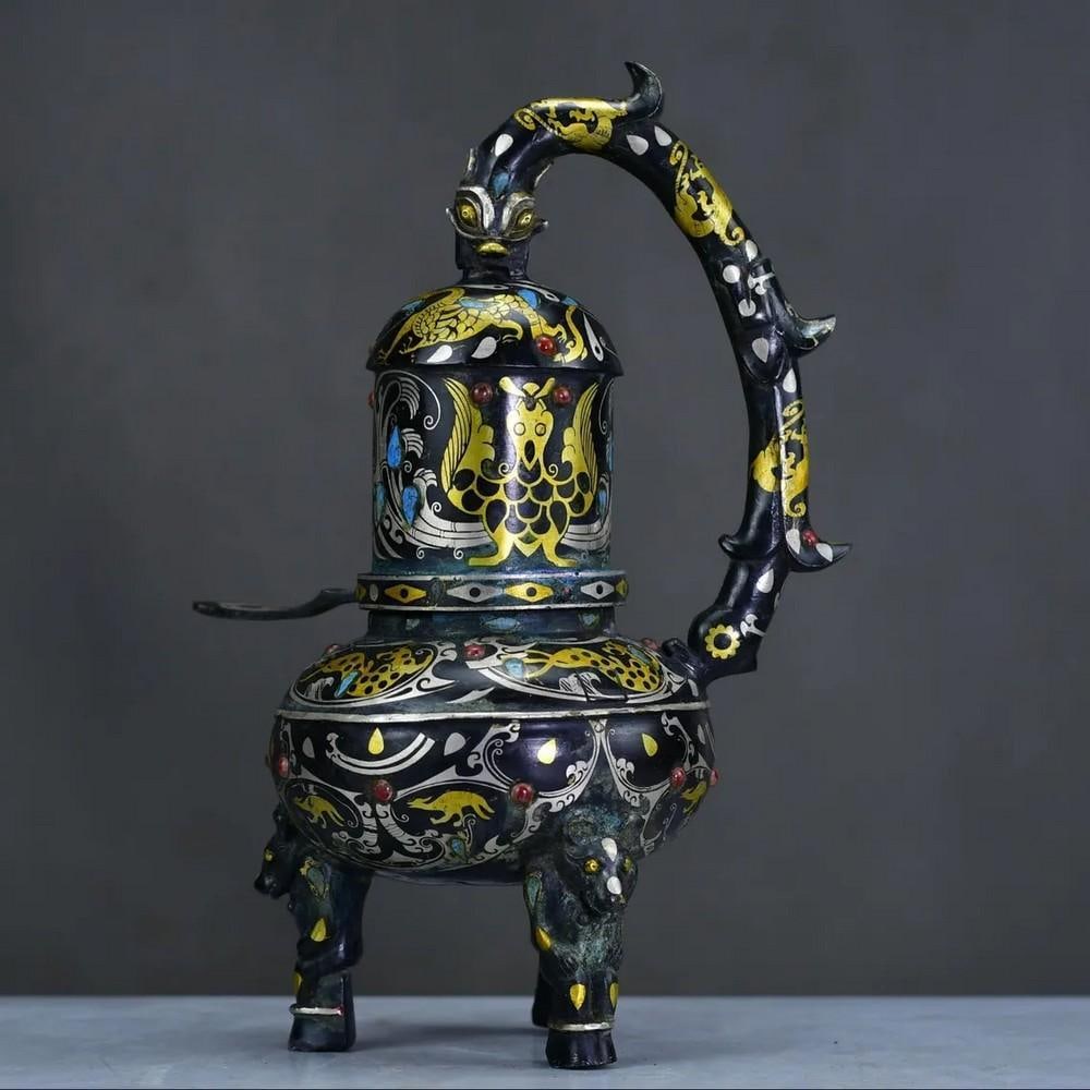 Chinese Bronze Inlaid Gold and Silver Palace Lantern Statue (1 of 7)