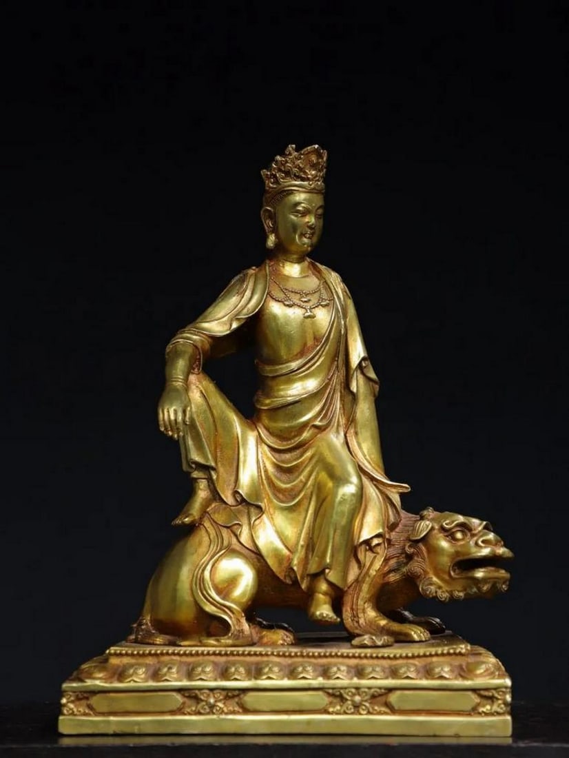 Chinese Antique Handmade Rare Bronze Gilt Manjusri Buddha Statue (1 of 7)