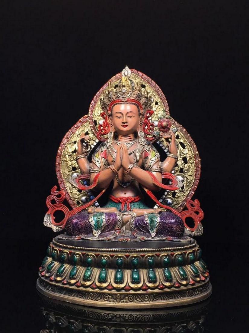 Chinese Antique Pure Copper Handmade Painted Four-Armed Tara Bodhisattva Statue: Chinese Antique Pure Copper Handmade Painted Four-Armed Tara Bodhisattva Statue An exquisite and rare Chinese antique statue of the four-armed Tara Bodhisattva, meticulously handmade from pure copper 