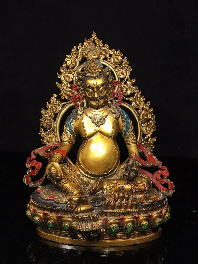 Chinese Antique Handmade Pure Copper Painted Wealth God Buddha Statue (1 of 8)