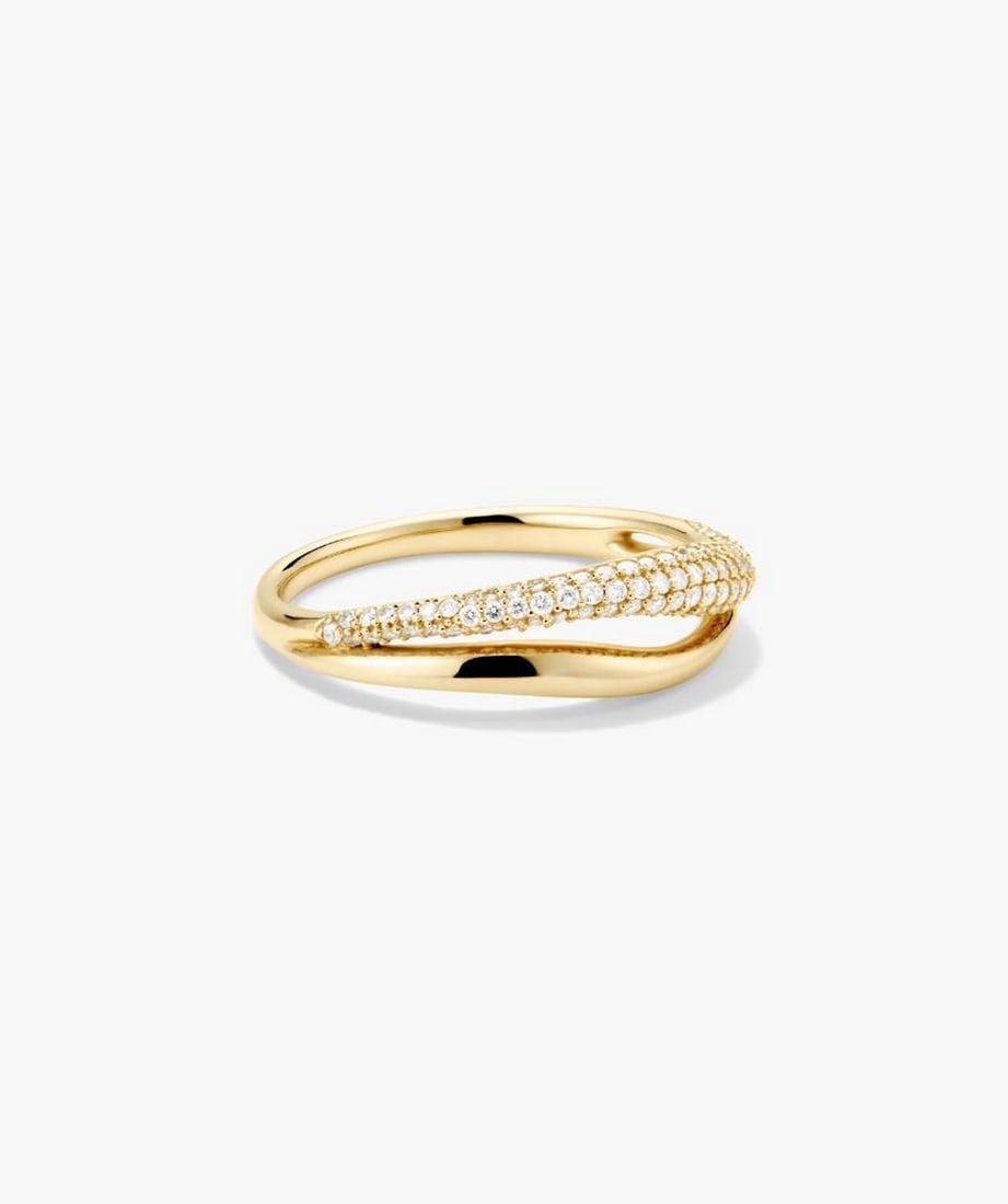 14k Salmon Gold Dual Texture Pavé Ring: 14k Salmon Gold Dual Texture Pavé Ring A sculptural open band in 14k salmon gold, featuring pavé-set lab-grown diamonds on one side and smooth polished metal on the other. Designed with contrasting 