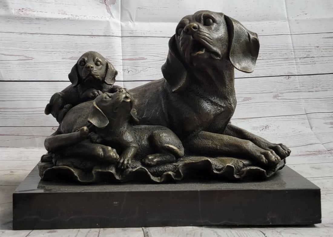 Original Mother & Two Puppies Bronze Sculpture On Marble Base - 11" x 13": Original Mother & Two Puppies Bronze Sculpture On Marble Base - 11" x 13" In This Sculpture Two Puppy Labrador Cuddles Up Against Their Mother. One Nuzzles His Head Upward, While His Sibli