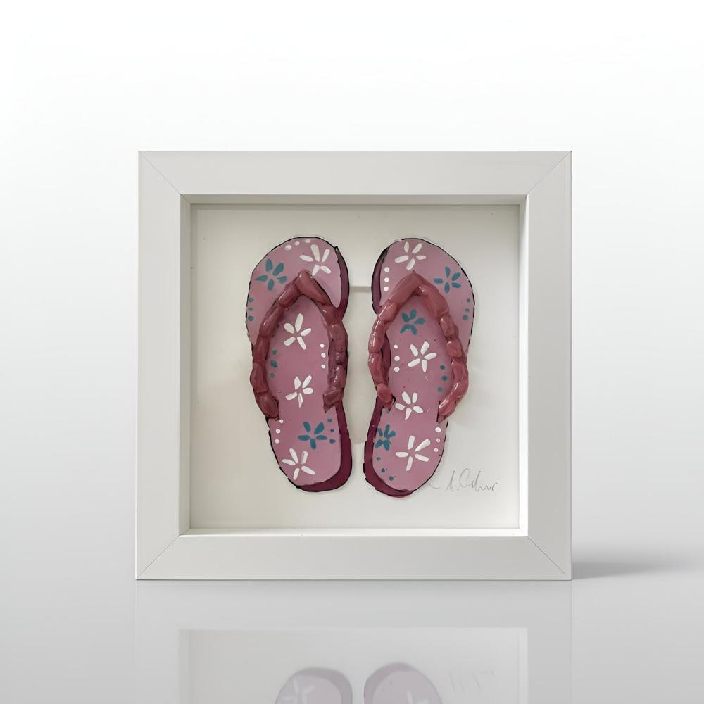 ‘Pink Flip Flops’ Beach Glass Wall Art by Sea on Glass: ‘Pink Flip Flops’ Beach Glass Wall Art by Sea on Glass This framed artwork features a pair of simple pink flip flops, composed from hand-collected beach glass. The softened edges and natural trans