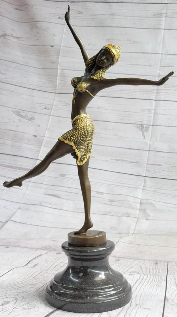 Dance in Motion Inspired Bronze Sculpture of a Dynamic Exotic Performer by D.H Chiparus - 17" x 14": Dance in Motion Inspired Bronze Sculpture of a Dynamic Exotic Performer by D.H Chiparus - 17" x 14" This bronze sculpture captures the exuberance and dynamism of a spirited dancer in the peak 