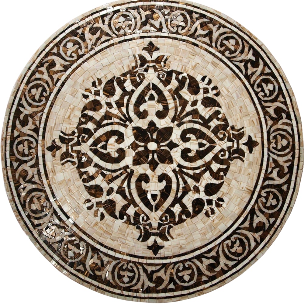 Vibrant Geometric Glass Mosaic Medallion: Vibrant Geometric Glass Mosaic Medallion A handcrafted square mosaic made from glass. This design features a dynamic and vibrant medallion pattern, combining bold colors and intricate geometric detail