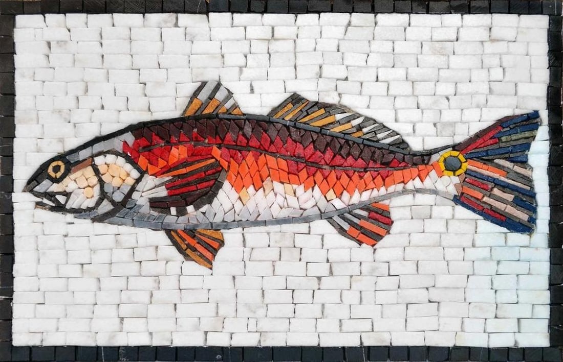 Rosso Jumping Mullet Mosaic: Rosso Jumping Mullet Mosaic A handcrafted rectangular mosaic made from natural marble. This design features a dynamic jumping mullet with vibrant colors and intricate detailing, capturing the energy a