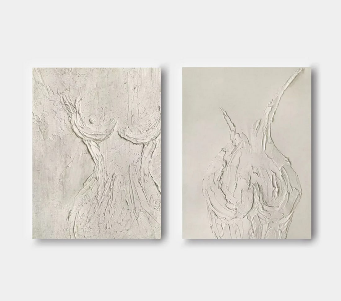Feminine Forms Abstract Art Canvas Painting: Feminine Forms Abstract Art Canvas Painting These two paintings elegantly capture the essence of the female body through flowing, abstract lines and textured depth. The left piece gently weaves organi