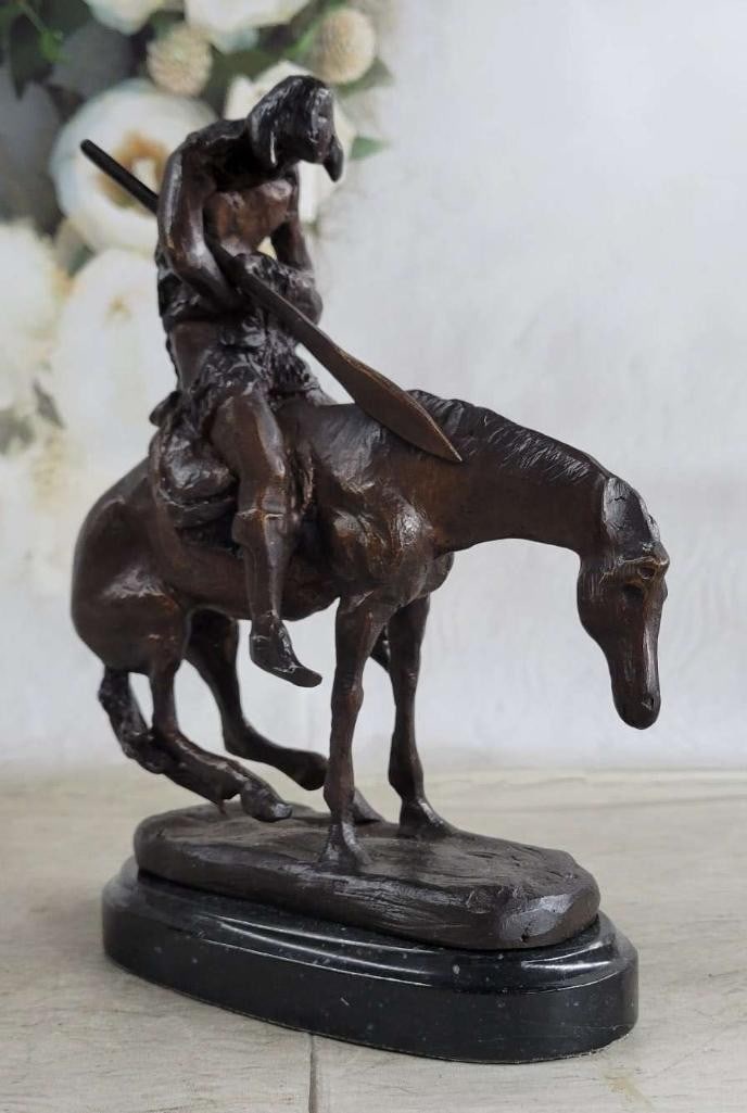 Fraser Inspired Hunting Man On Horseback Bronze Sculpture - 10'' x 9'': Fraser Inspired Hunting Man On Horseback Bronze Sculpture - 10x34 x 9x34 This sculpture features a man and his horse. He has his head completely down and it appears to be that he has fallen asleep. No