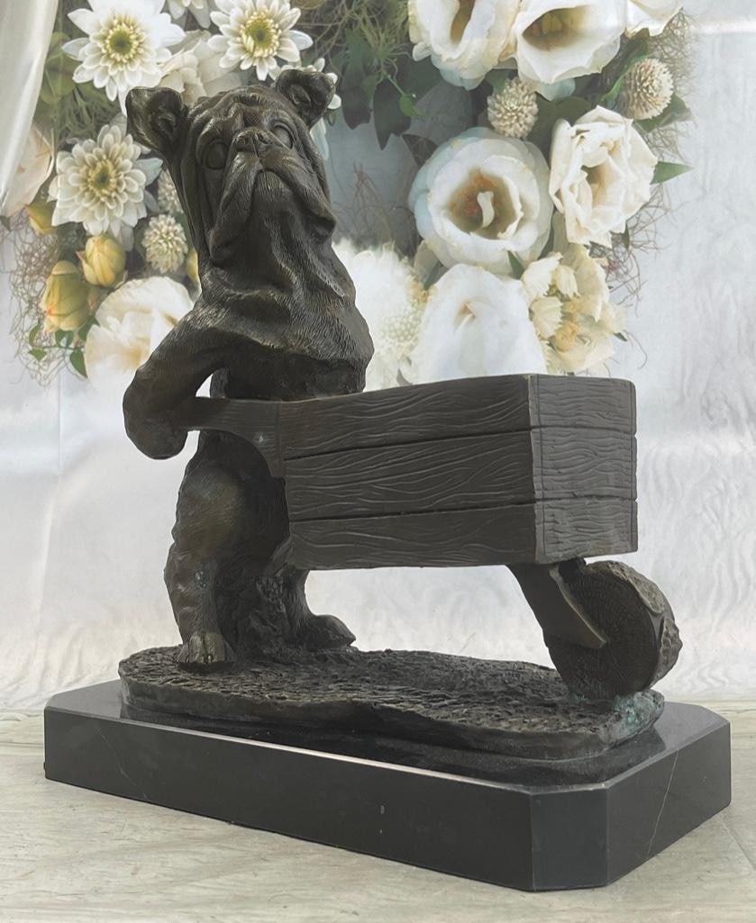 English Bulldog Wheelbarrow Planter Bronze Sculpture: English Bulldog Wheelbarrow Planter Bronze Sculpture. Adorable English Bulldog Pulling a Cart Planter by European bronze. A vintage Cutie from our European Finery with a great brown patina. The cart c