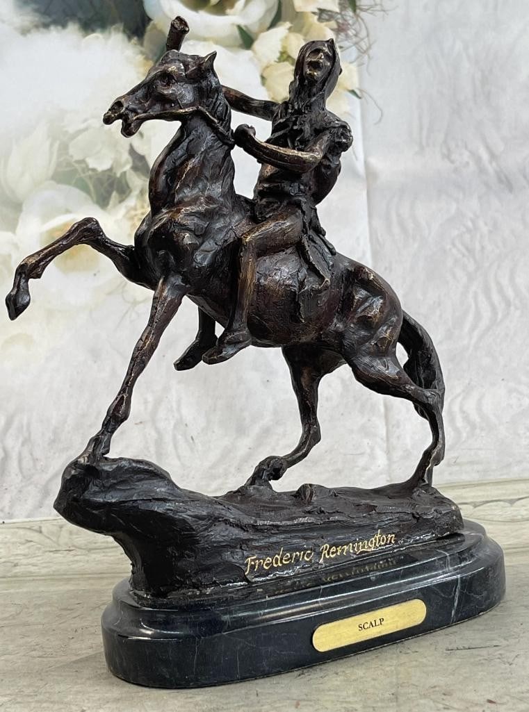 Remington Inspired 'Scalp' Bronze Sculpture - 10'' x 9'': Remington Inspired Scalp Bronze Sculpture - 10x34 x 9x34 Proud, resilient, strong and a fierce warrior, this Native American watches over his land and tribe. Great attention to detail was paid to his 