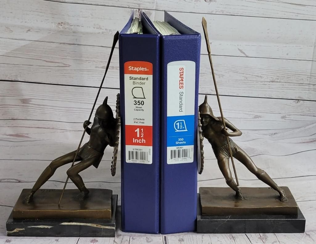 Japanese Warrior Bronze Bookend Sculptures - Pair - 11'' x 9'': Japanese Warrior Bronze Bookend Sculptures - Pair - 11x34 x 9x34 This original pair of bronze bookend sculptures showcases two opposing Japanese warriors captured in powerful, defensive stances, combi