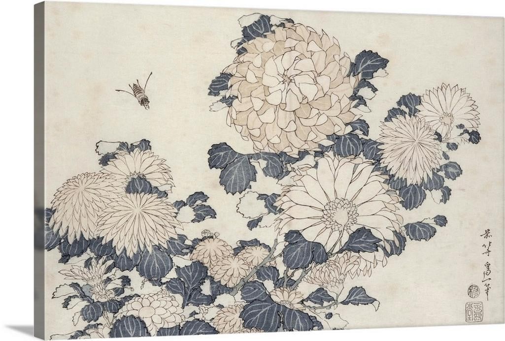 Bee and Chrysanthemums from the Big Flowers Series Canvas Reproduction Wall Art by Katsushika Hokusa (1 of 2)