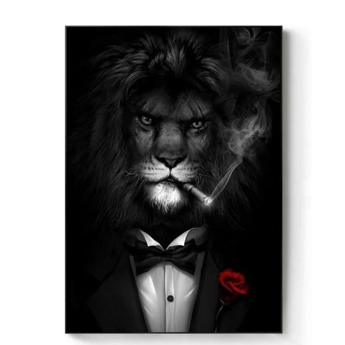 Lion's Night Out Picture: Lions Night Out Picture. In this striking image, a lion exudes undeniable charisma, dressed in a sharp tuxedo and enjoying a cigar with a laid-back sophistication. The contrast of the elegant attire a