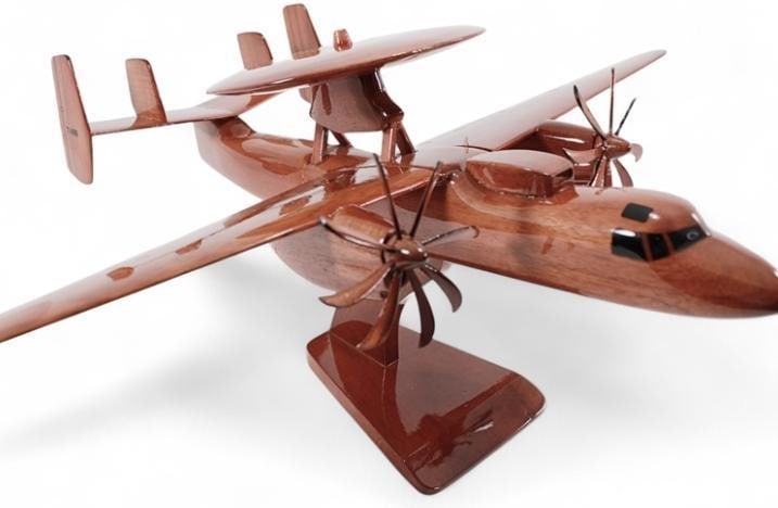 E-2C Hawkeye Wooden Model: E-2C Hawkeye Wooden Model This scale model of the E-2 Hawkeye aircraft is meticulously handcrafted from solid mahogany and finished with multiple coats of polyurethane to enhance the intricate