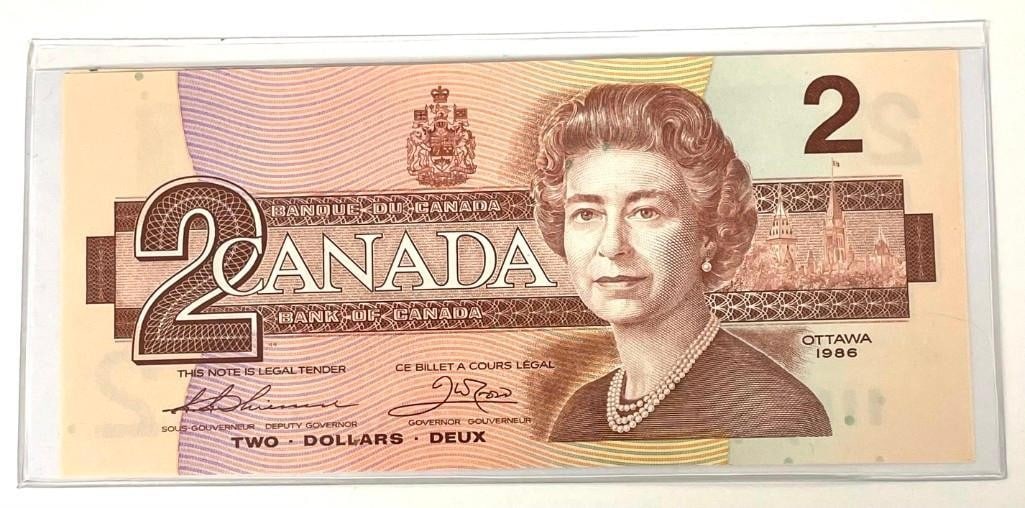 LOT OF 2 1986 CANADA $2 TWO DOLLAR BANKNOTES (1 of 3)