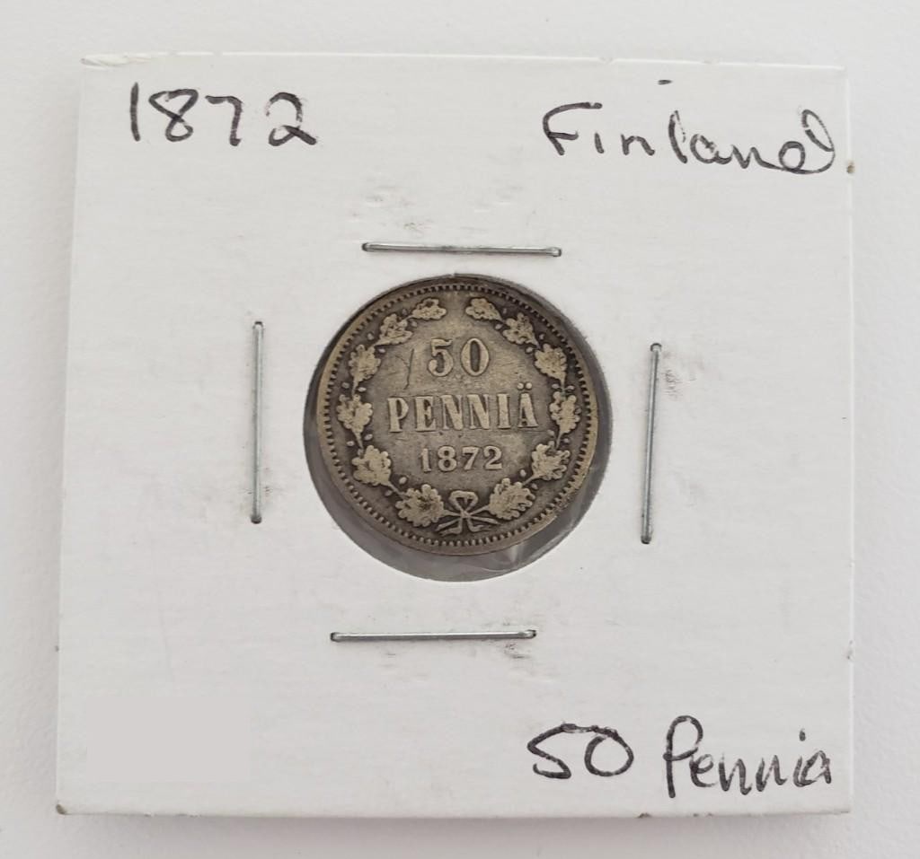 1872 Finland 50 Pennia: Obverse Imperial eagle with Finnish coat of arms in the middle. Reverse Denomination above date within wreath. Lettering: 50 PENNI? 1872