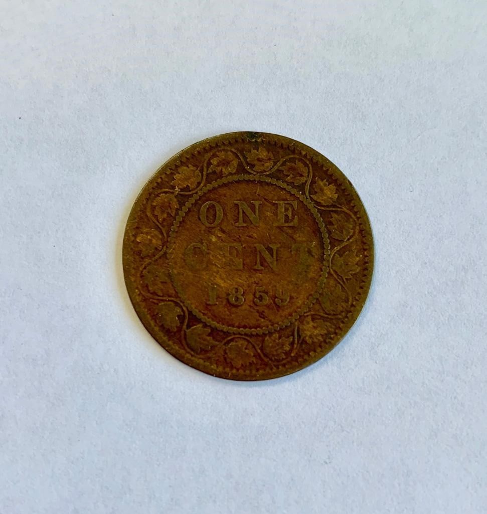 1859 CANADIAN LG 1 CENT - VICTORIA: Obverse Portrait of the very young Queen Victoria wearing a laurel wreath. Lettering: VICTORIA DEI GRATIA REGINA. CANADA Engraver: Leonard Charles Wyon Reverse Face value and date in wreath made of a 