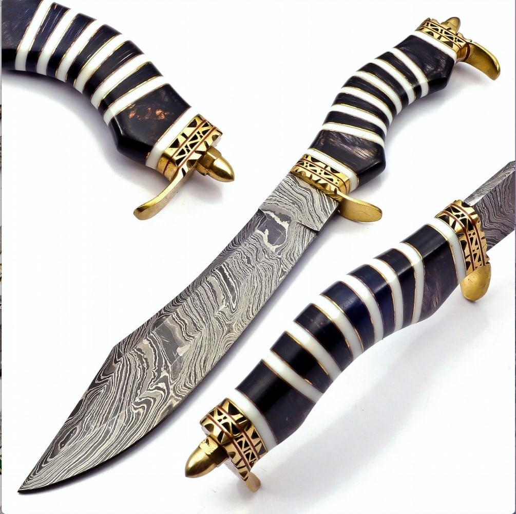 S Curve Inlaid Ribband Handled Damascus Steel Knife: S Curve Inlaid Ribband Handled Damascus Steel Knife Damascus Steel Blade with 256 Layers on it. HARDNESS 56-60 H R C VERY HIGH QUALITY GENUINE LEATHER SHEATH View Photos for Further Details.