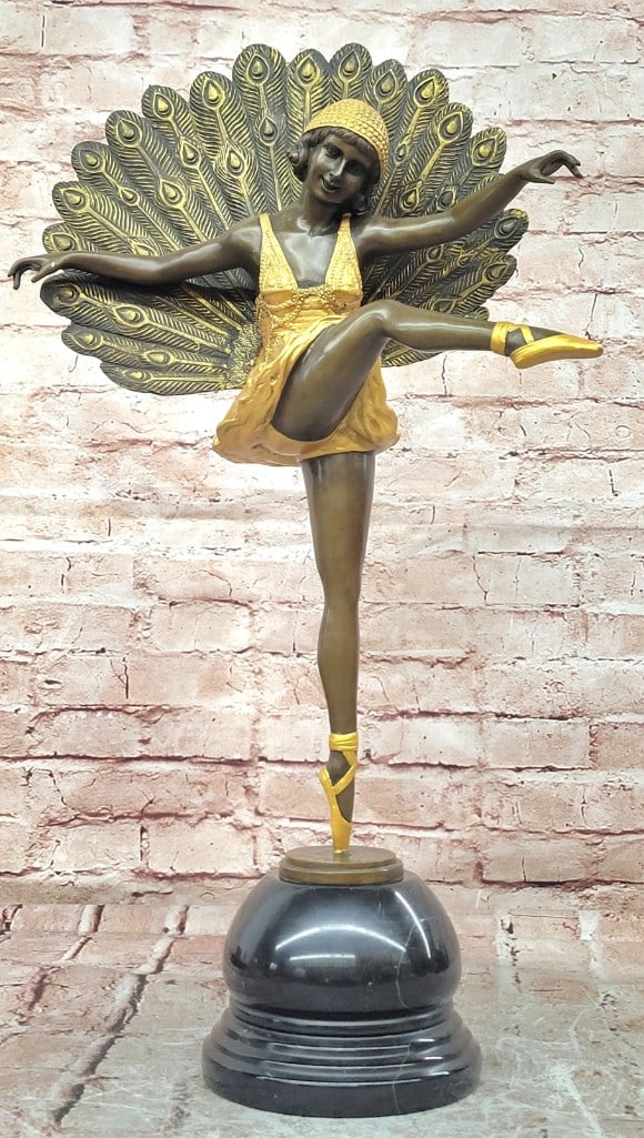 Art Deco Dancer Bronze Sculpture Peacock Feather Backdrop (1 of 5)