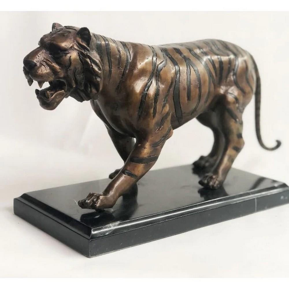 Fierce Bengal Tiger Bronze Sculpture On Marble Base Inspired By Moigniez - 9'' x 17'': Fierce Bengal Tiger Bronze Sculpture On Marble Base Inspired By Moigniez - 9x34 x 17x34 In the depths of the rainforest, behold the majestic Bengal Tiger, a creature of unparalleled beauty. With grace