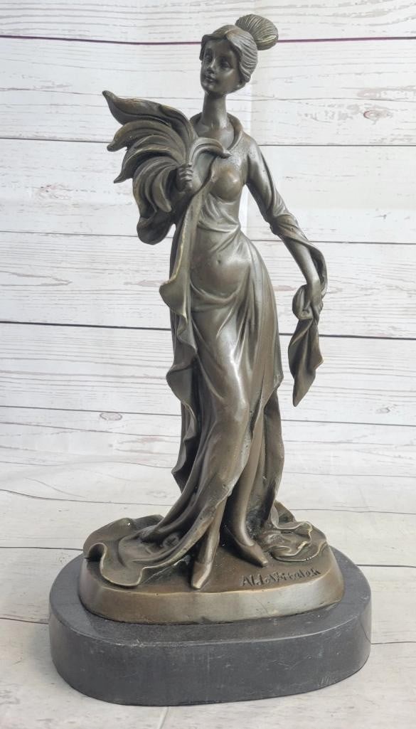 Young Woman with Feather Original Bronze Sculpture by Aldo Vitaleh - 13'' x 7'': Young Woman with Feather Original Bronze Sculpture by Aldo Vitaleh - 13x34 x 7x34 Envision the graceful silhouette of a young woman strolling through her garden, basking in the gentle morning sunlight