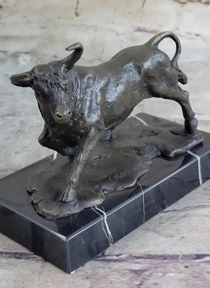 Stock Market Bull Original Bronze Sculpture Signed by Mavchi on Marble Base - 4'' x 5'': Stock Market Bull Original Bronze Sculpture Signed by Mavchi on Marble Base - 4x34 x 5x34 Immerse yourself in the dynamic energy of the stock market with x34 Financial Momentum,x34 an exquisite sculpt