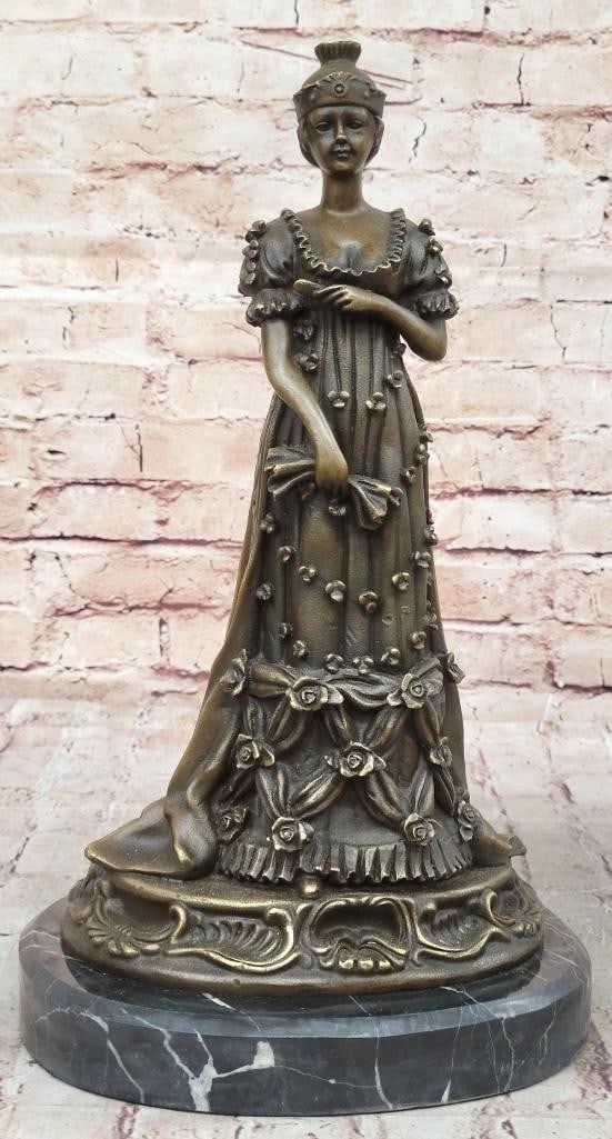 Art Deco Original Bronze Statue - Queen Woman in Floral Dress by Milo: Art Deco Original Bronze Statue - Queen Woman in Floral Dress by Milo This stunning Art Deco bronze statue, titled x34 Queen Woman in Floral Dress,x34 captures the essence of elegance and grace. Craft