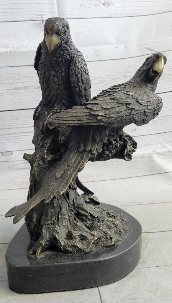Signed Milo Original Pair of Parrots Bronze Sculpture On Marble Base - 14'' x 12'': Signed Milo Original Pair of Parrots Bronze Sculpture On Marble Base - 14x34 x 12x34 These two beautiful African gray parrot are one of kind for all you bird lovers. I see these two lovebirds and i