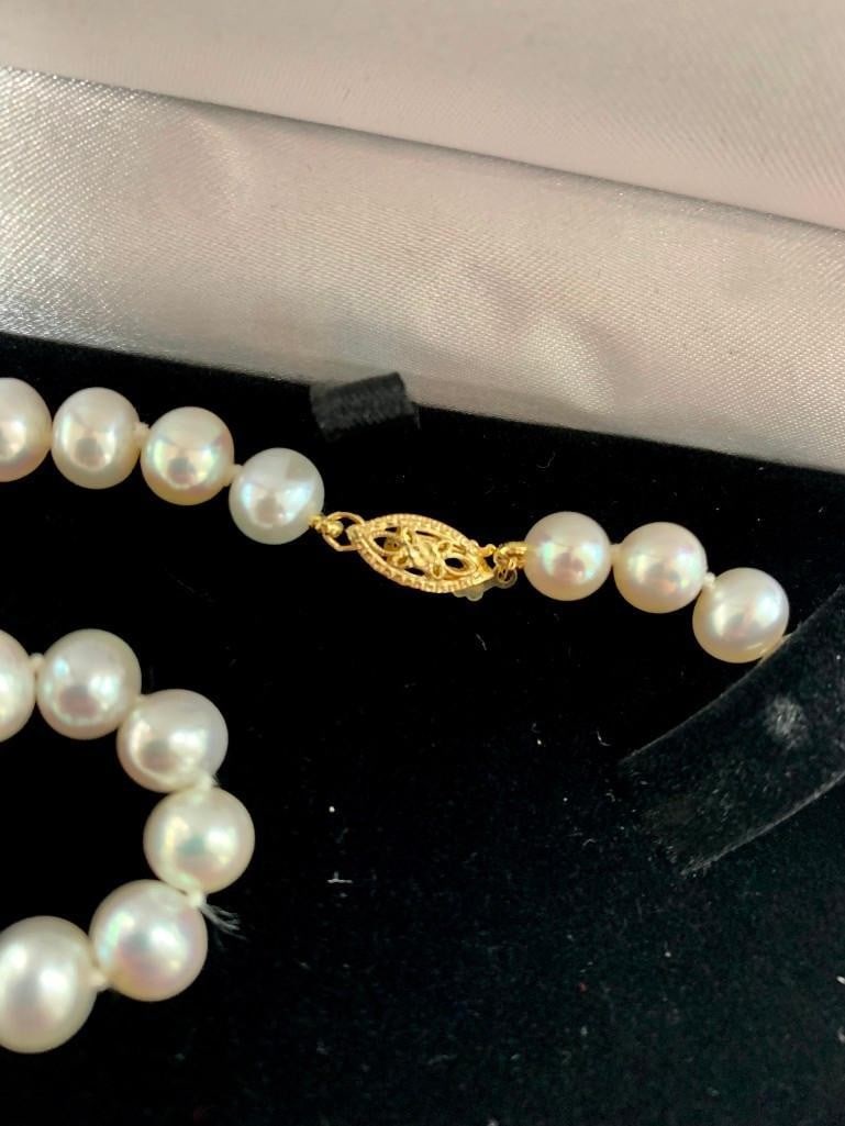 Classic Akoya Pearl Ladies Necklace AAA+ Grade Pearls: A world-wide customer favorite, this is the classic and most beautiful White Pearl necklace. Stunning 7.0-7.5mm white saltwater Japanese Akoya pearls, chosen for their crisp, sharp luster, perfectly