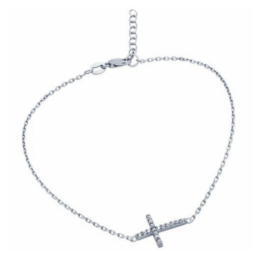 Rhodium 925 Sterling Silver Anklet with Austrian Crystals: Rhodium 925 Sterling Silver Anklet with Austrian Crystal Cross Charm. Dimensions: 9x34 chain with 1x34 extender View Photos for Further Details.