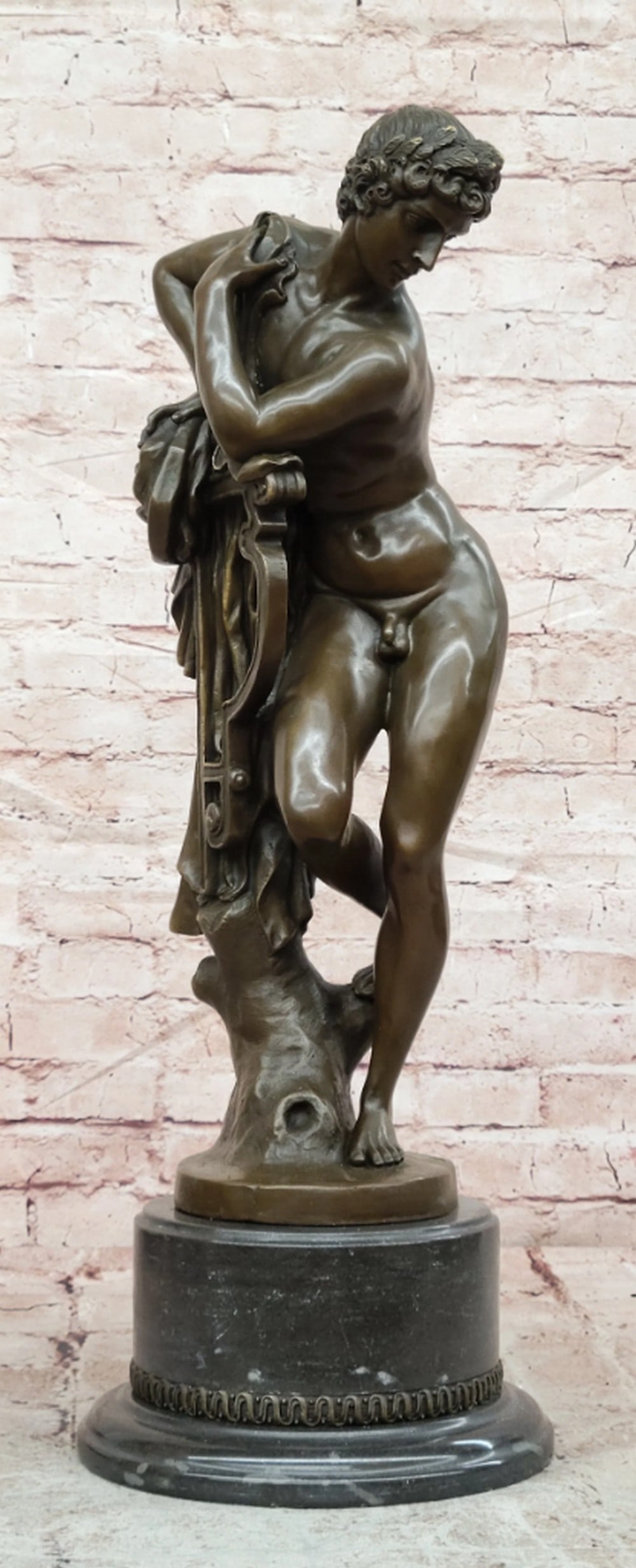 Apollo with Lyre Classical Nude Male Bronze Sculpture on Marble Base - 23.5'' x 8.5'': Apollo with Lyre Classical Nude Male Bronze Sculpture on Marble Base - 23.5" x 8.5" This impressive bronze sculpture depicts Apollo, the Greek god of music, poetry, and the arts, gracefully ho